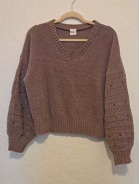 Dusty Mauve V-Neck Cropped Knit Sweater with Beaded Balloon Sleeves